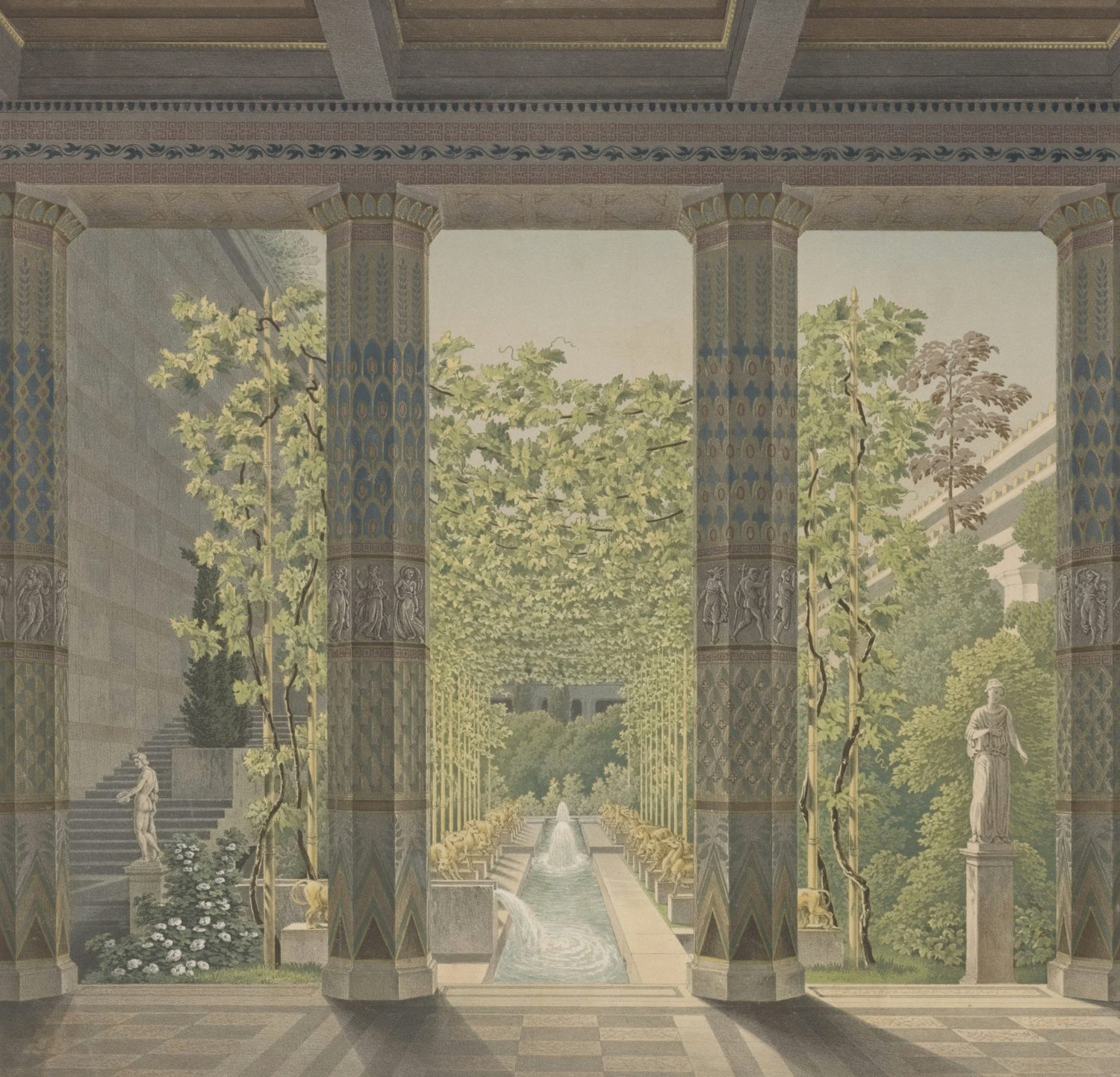A nineteenth-century watercolour view of a colonnaded courtyard opening onto a formal garden with a long fountain.